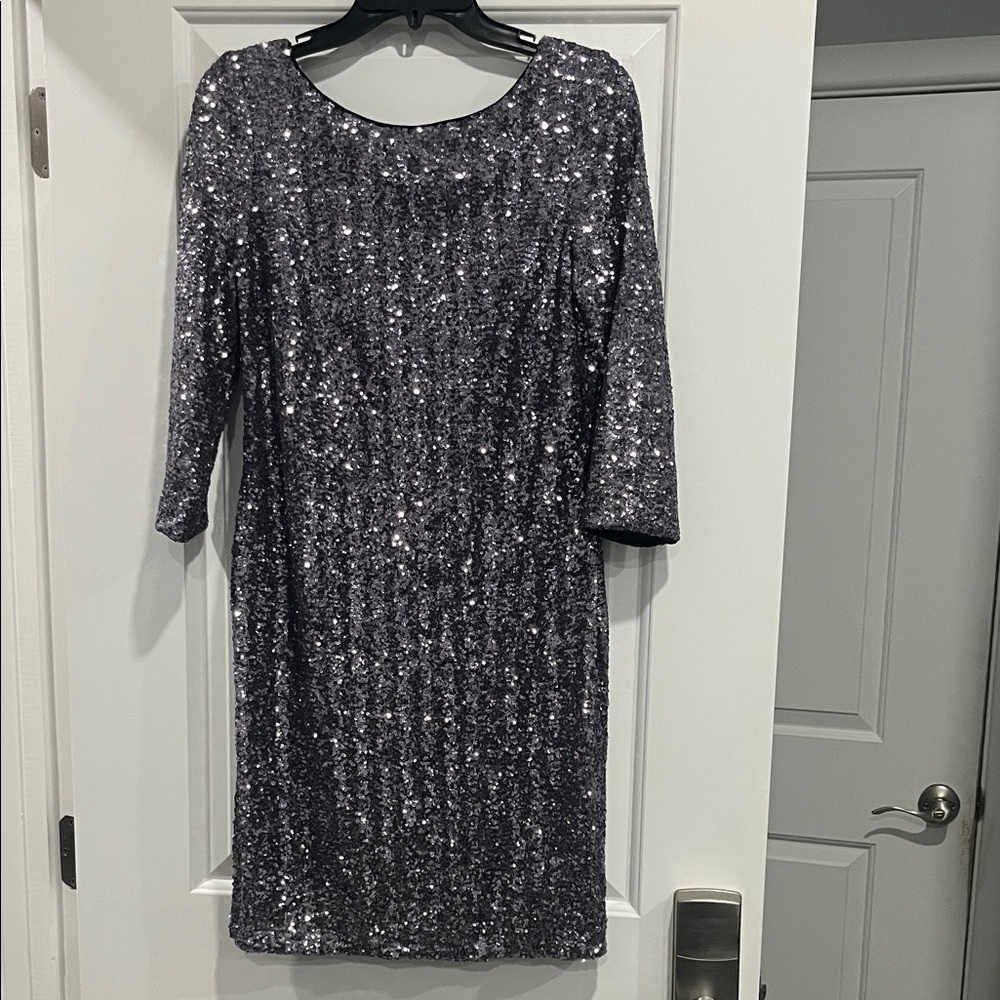 Aidan Mattox Glittering Long Sleeve Dress in Silver